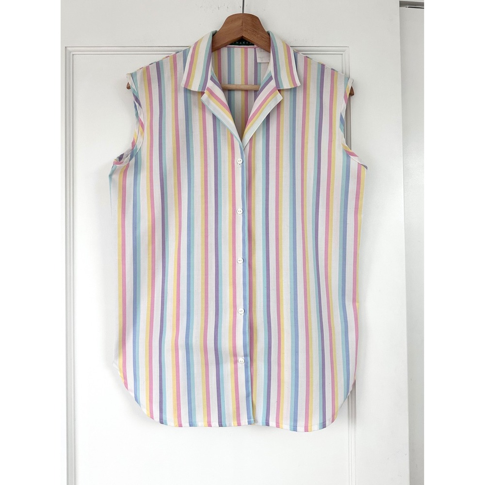 Vintage Haymaker Pastel Stripe Sleeveless Button Shirt Women M 90s Coastal Tank